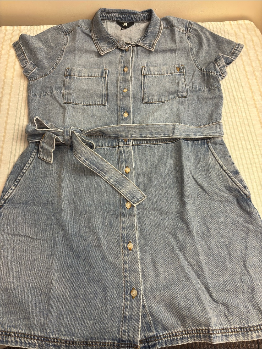 Frye Light Blue Denim Shirt Dress with Tie Belt